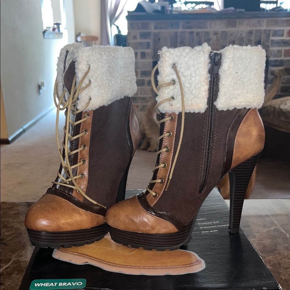Anne Michelle Brown and Cream Heeled Boots